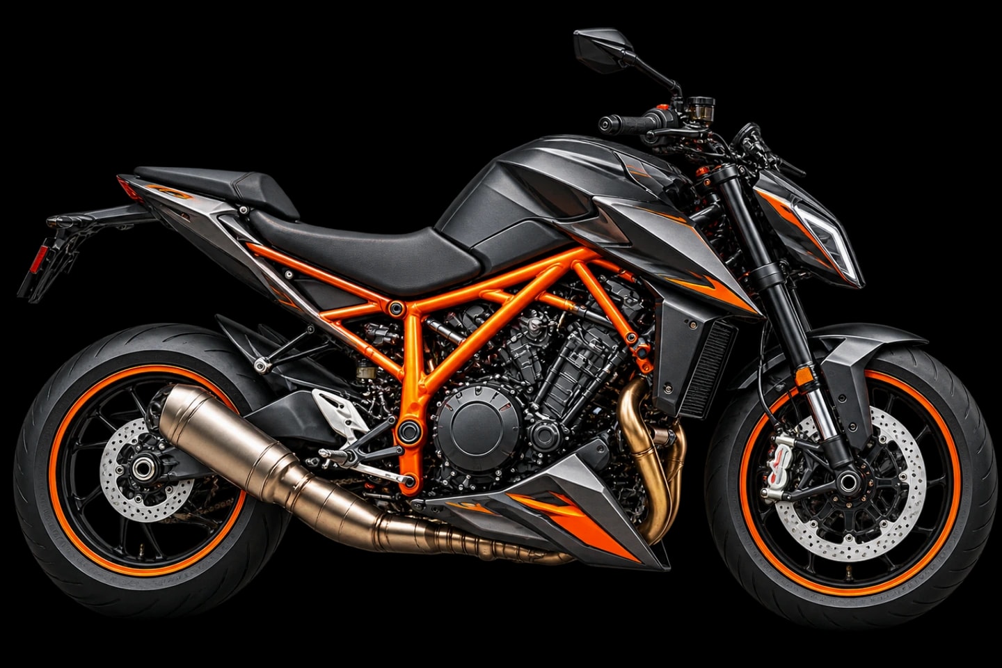 Motocicleta deportiva negra y naranja de Mega Motosystem